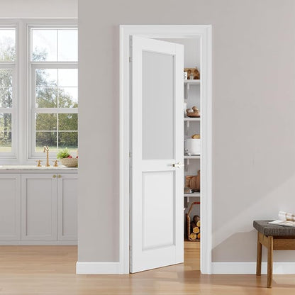 SMARTSTANDARD 24" x 80" Frosted Glass Interior Door Slab, Solid Core | Pre-Assembled French Slab Door for Pantry Laundry Closet Bathroom, without Hardware, White Primed, Paintable Surface