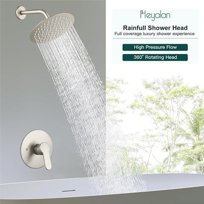 Heyalan 8-Inch Round Rain Shower Faucet Set with Valve, Brushed Nickel | SUS304 stainless steel shower head, brass rough-in valve, single-handle control, 1.8 GPM, ideal for bathroom remodels