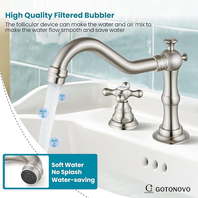 gotonovo Bathroom Faucet 3 Hole 8 Inch Widespread Bathroom Sink Faucet 2 Cross Handles Vintage Lavatory Vanity Mixer Tap with Pop Up Drain, HOT Cold Label, Brushed Nickel