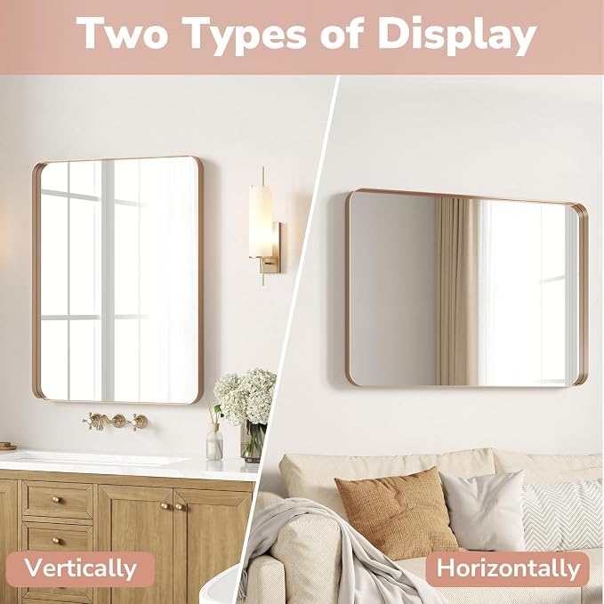 Gold Bathroom Mirrors for Over Sink 24"x36" 2 Pack | Brushed Champagne Brass Gold Vanity Mirror for Wall, Aluminum Frame, Anti-Rust, Tempered Glass