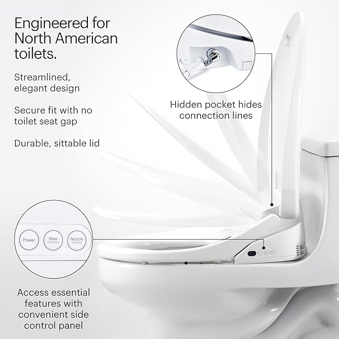Brondell Bidet Toilet Seat S1400, Smart Toilet Seat, Dual Stainless-Steel, Self-Cleaning Nozzle With Clean Plus Technology, Endless Warm Water Bidet, Warm Air Dryer-Nightlight, Heated Seat, Round