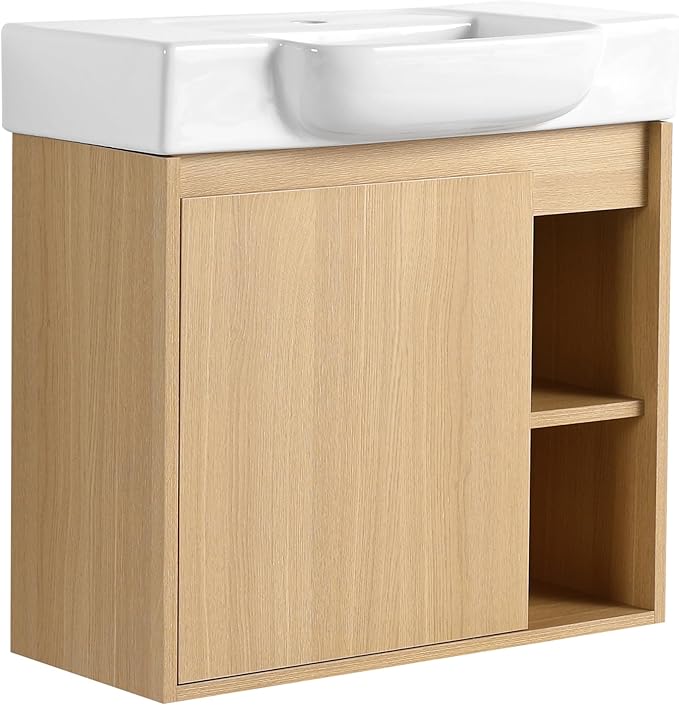 24 Inch Floating Vanity,24" Bathroom Vanity with Sink Combo,Modern Single Sink Bathroom Vanity Combo,Oak Wall Mounted Cabinet Set