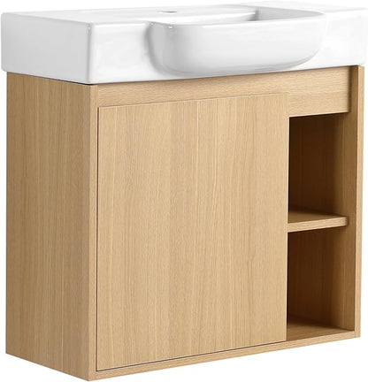 24 Inch Floating Vanity,24" Bathroom Vanity with Sink Combo,Modern Single Sink Bathroom Vanity Combo,Oak Wall Mounted Cabinet Set
