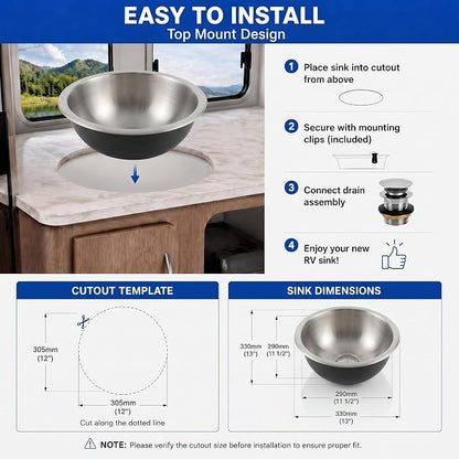 LQS 13 x 13 Inch RV Sink, Small Round Stainless Steel Drop-In Bar Sink | Small RV Bathroom Sink for Campers, Compact Camp Sink and Camping Sink with 5.31-Inch Deep Bowl and Drain Assembly