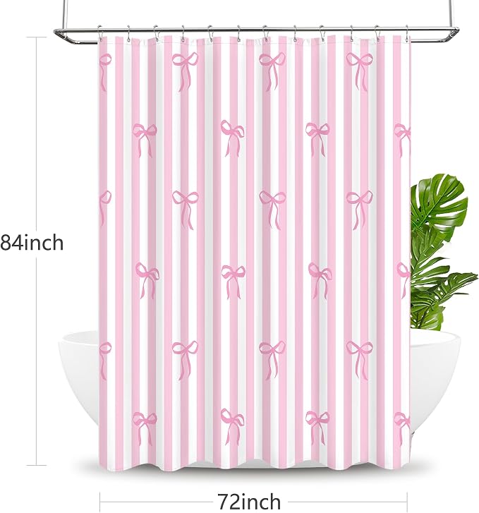 Tititex Cute Candy Cane Striped Pink Bow 140gsm Faux Linen Fabric Shower Curtain, White Pink Elegant Classic Shower Curtain Sets Decoration 72x72 Inch with Hooks