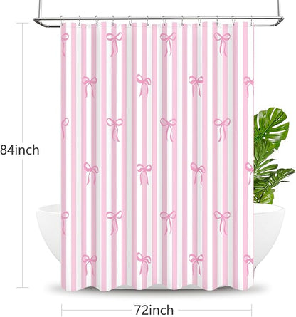 Tititex Cute Candy Cane Striped Pink Bow 140gsm Faux Linen Fabric Shower Curtain, White Pink Elegant Classic Shower Curtain Sets Decoration 72x72 Inch with Hooks
