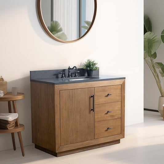 Vanity Art 42" Bathroom Vanity with Sink, Solid Poplar Wood, Vanity Cabinet with Doors and Shelf, Modern Wood Bathroom Vanity with Black Marble Top, 3 Right Functioning Drawer, VA70-42-T-B