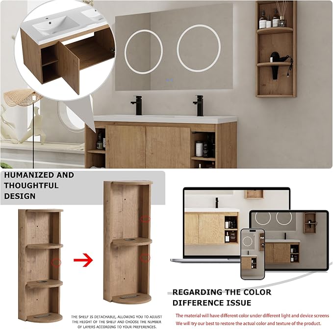 Floating Bathroom Vanity, 48" Bathroom Storage Cabinet with Double Resin Sinks, 2 Soft-Close Doors & 4 Open Storage Shelves, Wall-Mounted Vanity with Extra Three-Layer Spacious Shelves, Oak