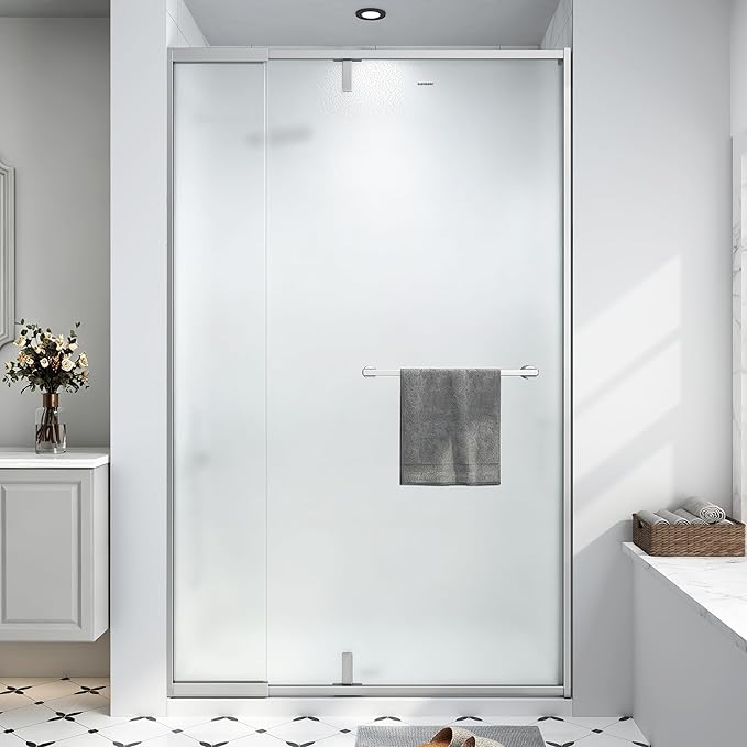 42-48" W x 72" H Frosted Pivot Shower Glass Door Brushed Nickel | 1/4"(6mm) SGCC Tempered Glass with Explosion-Proof Film &Nano Coating,Customizable Width
