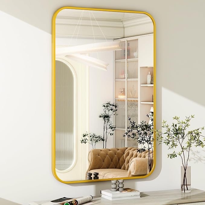 Easly 30 x 40 Inch Bathroom Mirror, Rounded Rectangular Vanity Mirror for Wall, Modern Mirror for Room Decor, Gold Framed Wall-Mounted Mirrors for Home Decor, Hangs Horizontally or Vertically