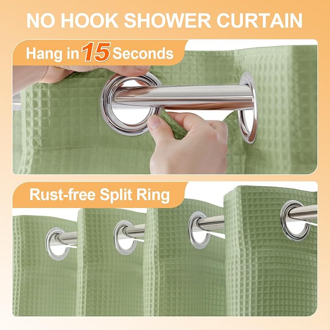 River Dream Cotton Blend No Hook Shower Curtain with Liner, Sage, 71x74 | with Snap in Liner, Heavyweight Waffle Fabric, Hotel Grade for Bathroom, Water Repellent, Corner Magnets, Machine Washable