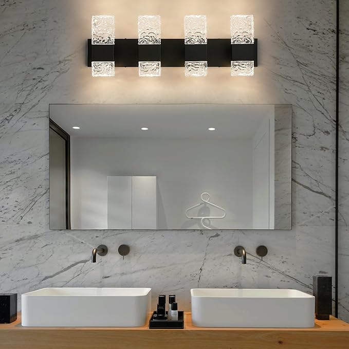 Black Bathroom Vanity Light Fixtures Bathroom Light Fixtures Over Mirror 4-Light 4000K LED Crystal Wall Sconces Modern 40W Brushed Hardwired Wall Lights for Bathroom Bedroom Living Room