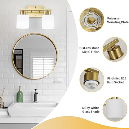 WILON 2 Light Brushed Gold Vanity Light, Bathroom Vanity Lighting Fixtures with Milk White Frosted Glass Shades, Modern Vanity Lights Over Mirror, E26 Wall Sconce for Restroom Living Room Bedroom