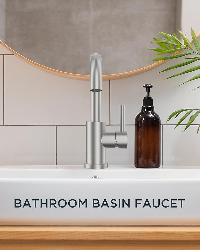 FORIOUS Single Handle Bathroom Sink Faucet 1 or 3 Hole Brushed Nickle, 360° Swivel Gooseneck Spout, Lead-Free, with cUPC Hose and Metal Pop Up Drain, Suitable for Bar Kitchen RV Vanity