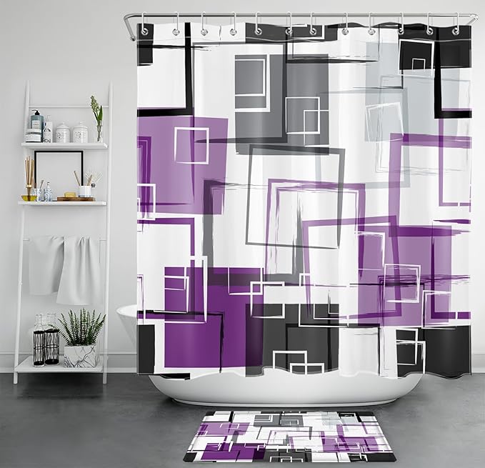 Abstract Geometric Purple Shower Curtain Sets with Rugs, Grey Black and White Geometric Textured Bathroom Curtain Polyester Fabric Bathroom Decoration Shower Curtain Set,70L X 70W Inches