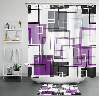 Abstract Geometric Purple Shower Curtain Sets with Rugs, Grey Black and White Geometric Textured Bathroom Curtain Polyester Fabric Bathroom Decoration Shower Curtain Set,70L X 70W Inches