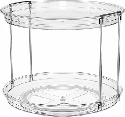 LAMU Rotating Makeup Organizer for Vanity, 10.6in 2 Tier Lazy Susan Turntable Stackable Spinning Skincare Organizer Cosmetic Perfume Tray Display for Bathroom Counterop, Large Capacity, Clear