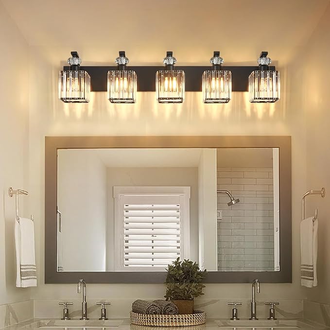 Modern Bathroom Vanity Light, 5-Light Black Bathroom Lighting Fixtures Over Mirror, 36.3" Crystal Wall Light Sconce for Bathroom/Bedroom/Vanity, Includes LED Bulbs, Easy Installation