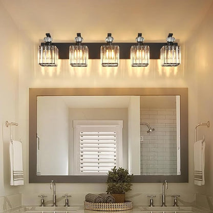 Modern Bathroom Vanity Light, 5-Light Black Bathroom Lighting Fixtures Over Mirror, 36.3" Crystal Wall Light Sconce for Bathroom/Bedroom/Vanity, Includes LED Bulbs, Easy Installation