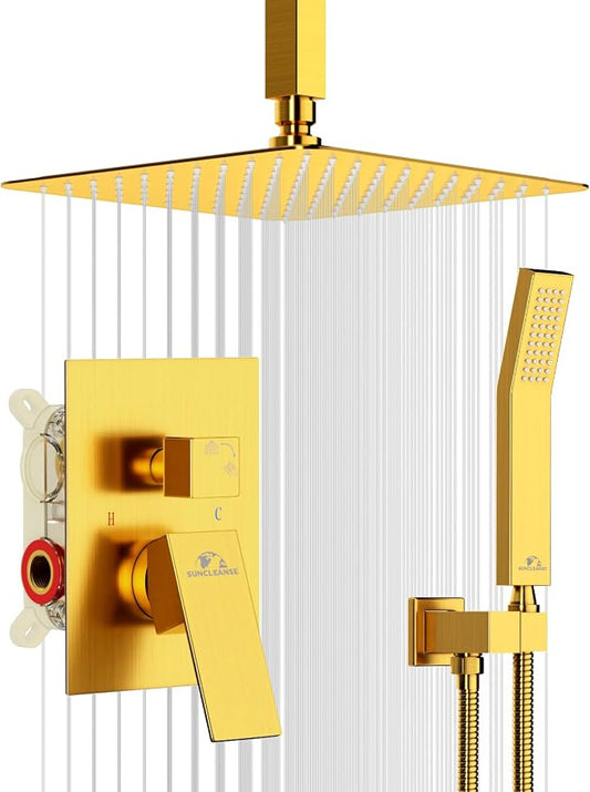 SunCleanse Rainfall Shower System with High Pressure in Brushed Gold | Ceiling mounted shower combo set featuring a 10" square rain head, handheld spray, and rough-in mixer valve with trim.