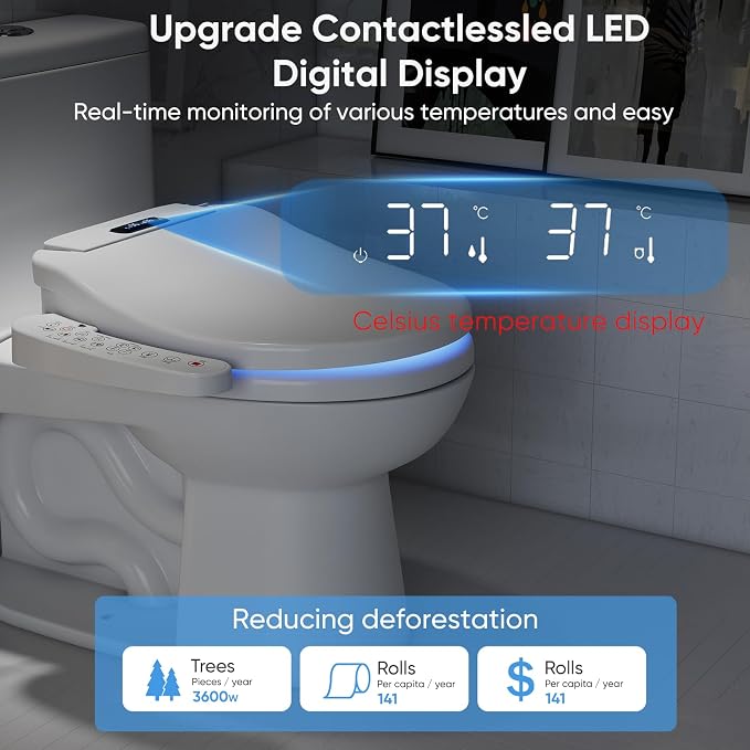 Electric Bidet Toilet Seat with Heated Seat, Warm Air Dryer, Endless Warm Water, Oscillating and Pulsating Spray Wash, Stainless Steel Self-Clean Nozzle, Sense Seat