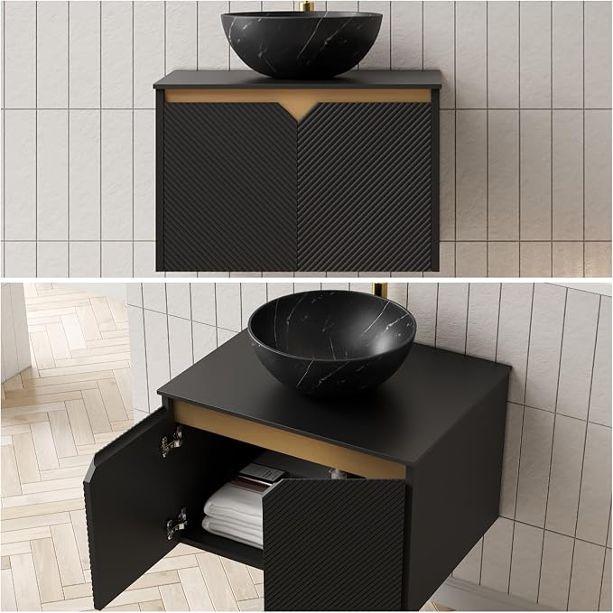 24" Bathroom Vanity with Sink, Wall-Mounted Bathroom Vanity with Black Bowl Ceramic Vessel Basin, Modern Plywood Floating Vanity with Twill Double Doors, Bathroom Storage Cabinet, Black