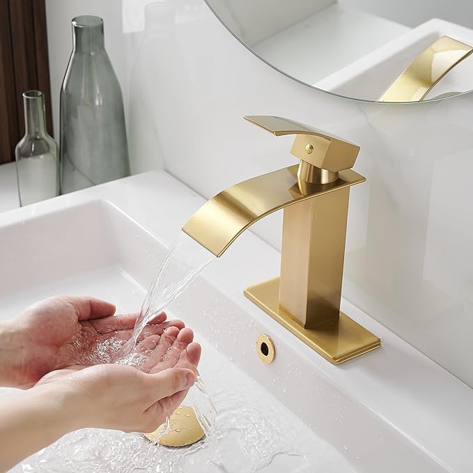 BWE Brushed Gold Bathroom Faucet Modern Waterfall Single Hole Faucet for Bathroom Sink Single Handle with Pop Up Drain with Overflow Assembly and Supply Line Lavatory Bath Faucet
