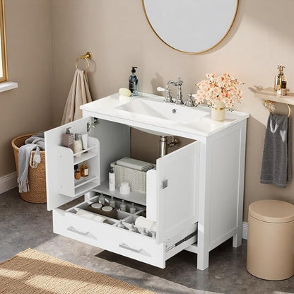 36" Freestanding Bathroom Vanity with Sink, Floor Stand Bathroom Storage Cabinet with Ceramic Sink, Doors with Double-Layered Storage Shelves, Modern Compact Vanity with Divided Drawer, White