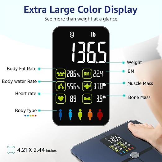 Posture Body Fat Scale, Extra Large Display Digital Bathroom Wireless Weight Scale Composition Analyzer with Heart Rate Heart Index & Body Shape Index with Free APP 400Lb Black
