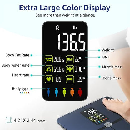 Posture Body Fat Scale, Extra Large Display Digital Bathroom Wireless Weight Scale Composition Analyzer with Heart Rate Heart Index & Body Shape Index with Free APP 400Lb Black