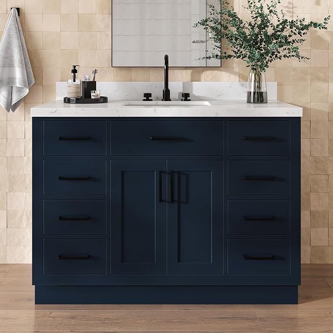 Isabella 48-Inch Bathroom Vanity with Sink — Midnight Blue Single Sink Bathroom Vanity, 1.5" Edge Carrara Quartz Countertop, Solid Wood, 2 Soft-Close Doors, 8 Dovetail Drawers + Tilt Drawer