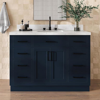 Isabella 48-Inch Bathroom Vanity with Sink — Midnight Blue Single Sink Bathroom Vanity, 1.5" Edge Carrara Quartz Countertop, Solid Wood, 2 Soft-Close Doors, 8 Dovetail Drawers + Tilt Drawer