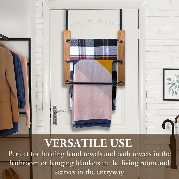 MyGift Over The Door Towel Rack for Bathroom, Rustic Solid Burnt Wood Towel Storage Organizer, 3 Tier Matte Black Metal Towel Bar, Space Saving Bathroom Door Hanging Towel Holder | Compact Bathroom Hanging Solution For Bath Linens Robes Shower Essentia...