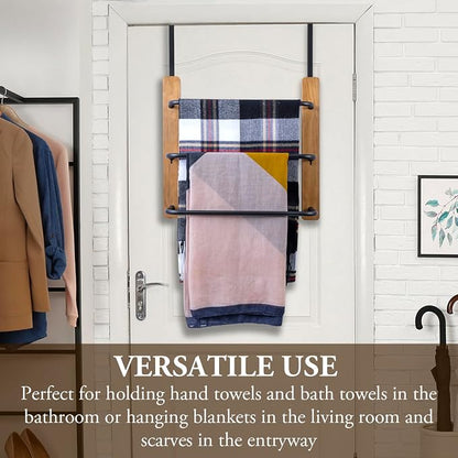MyGift Over The Door Towel Rack for Bathroom, Rustic Solid Burnt Wood Towel Storage Organizer, 3 Tier Matte Black Metal Towel Bar, Space Saving Bathroom Door Hanging Towel Holder | Compact Bathroom Hanging Solution For Bath Linens Robes Shower Essentia...