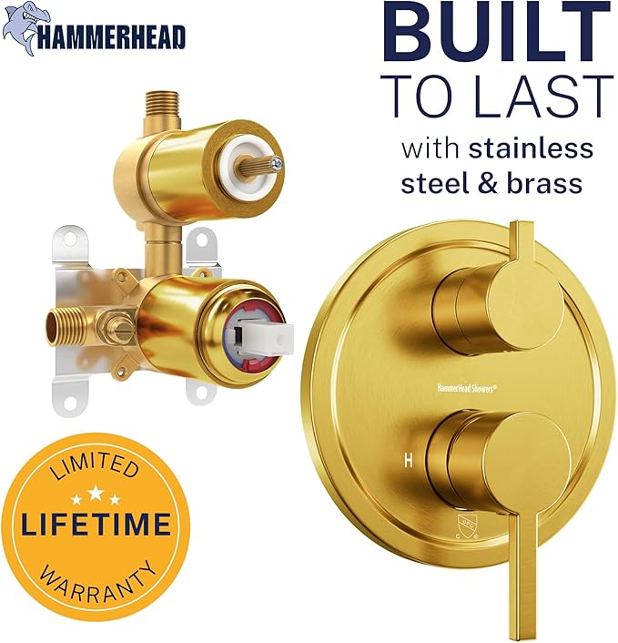HammerHead Showers Solid Metal Two-Handle Shower Valve and Trim Kit, Volume and Temperature Control with Integrated Diverter, Pressure Balance Rough-In Valve Included, Brushed Gold