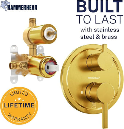 HammerHead Showers Solid Metal Two-Handle Shower Valve and Trim Kit, Volume and Temperature Control with Integrated Diverter, Pressure Balance Rough-In Valve Included, Brushed Gold