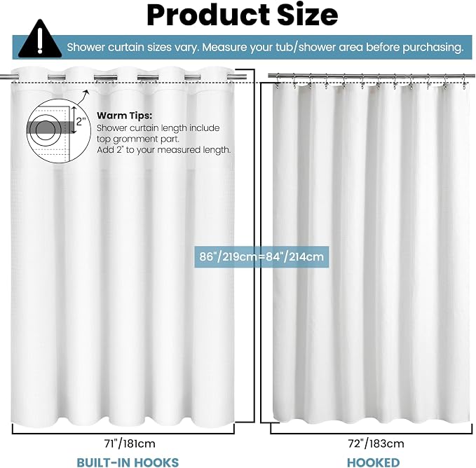 SORTTO No Hook Shower Curtain with Snap in Liner Set Waffle Shower Curtain for Bathroom Hotel Style Fabric Waterproof Inner Liner，71" W x 86" H, White