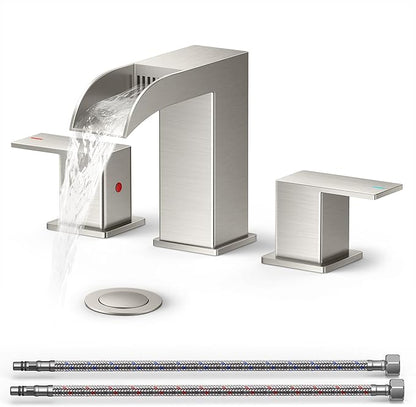 QFN Brushed Nickel Bathroom Faucet 3 Hole, 8 Inch Widespread Square Bathroom Sink Faucet with Metal Pop-up Drain and 24" CUPC Supply Line, Lead-Free 2 Handles for Vanity, Restroom, Lavatory and Mall