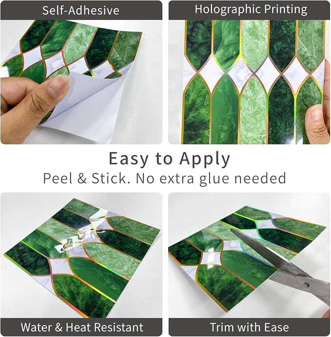 funlife Holographic Emerald Art Deco Peel and Stick Backsplash Self-Adhesive PVC Wall Tiles Easy DIY with Tools for Kitchen Bathroom and Laundry Room 5.9"x5.9"x10-Sheet Chevron Emerald