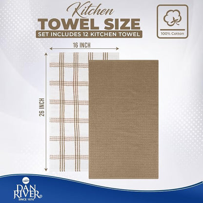 DAN RIVER Tan Kitchen Towels, 12 Pack, 16x26 Inches Absorbent Dish Towels | 100% Cotton Absorbent Soft cotton kitchen towels for drying dishes, Quick Dry, Dish Towels for kitchen,Tea and Bar towels set