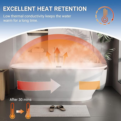 59 Inch Acrylic Freestanding Bathtub, Luxury Oval Soaking Tub, Modern Grey and White Stand Alone Bath with Chrome Drain and Overflow, Deep Soaking Tub for Bathroom