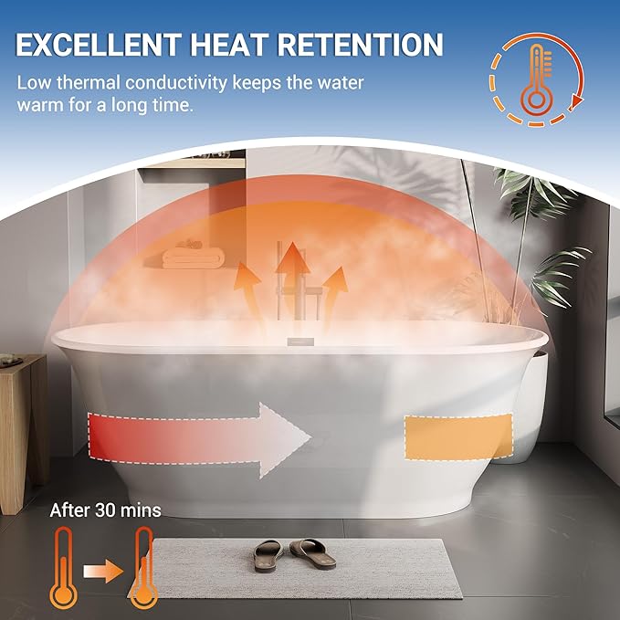 67 Inch Acrylic Freestanding Bathtub, Luxury Oval Soaking Tub, Modern Grey and White Stand Alone Bath with Chrome Drain and Overflow, Deep Soaking Tub for Bathroom