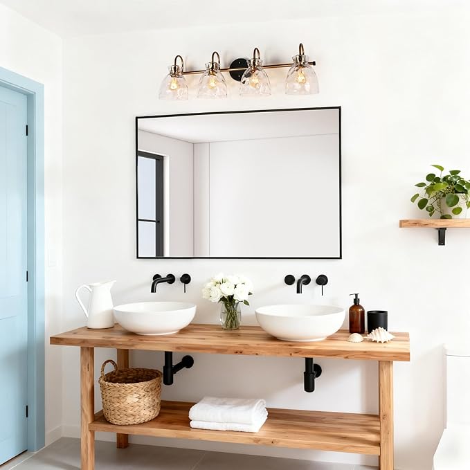 KSANA Bathroom Vanity Lights, Mid-Century Modern 4 Light Bathroom Light Fixtures Black and Electroplated Copper Vanity Lights with Water Ripple Glass