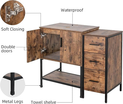 UEV 36" Antique Bathroom Vanity, Dark Brown Bathroom Vanity Set with 3 Drawers Side Cabinet Combo, Iron Wood Bathroom Cabinet for Bathroom (Without Sink)