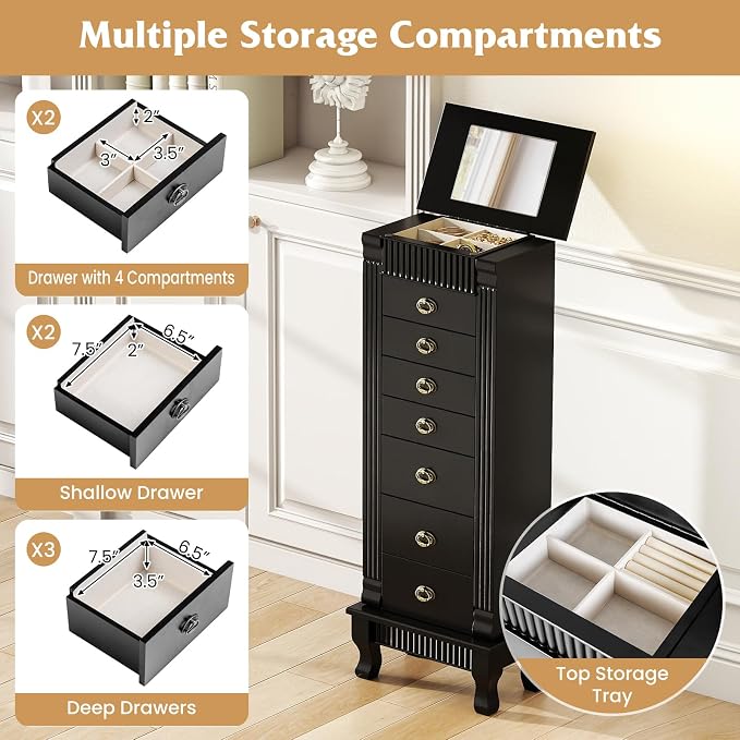 DREAMADE Jewelry Armoire, Standing Jewelry Box w/Mirror & 7 Drawers, Black | Flip Top Organizer with 2 Side Doors and Anti-Toppling Device, Large Jewelry Cabinet Storage for Bedroom