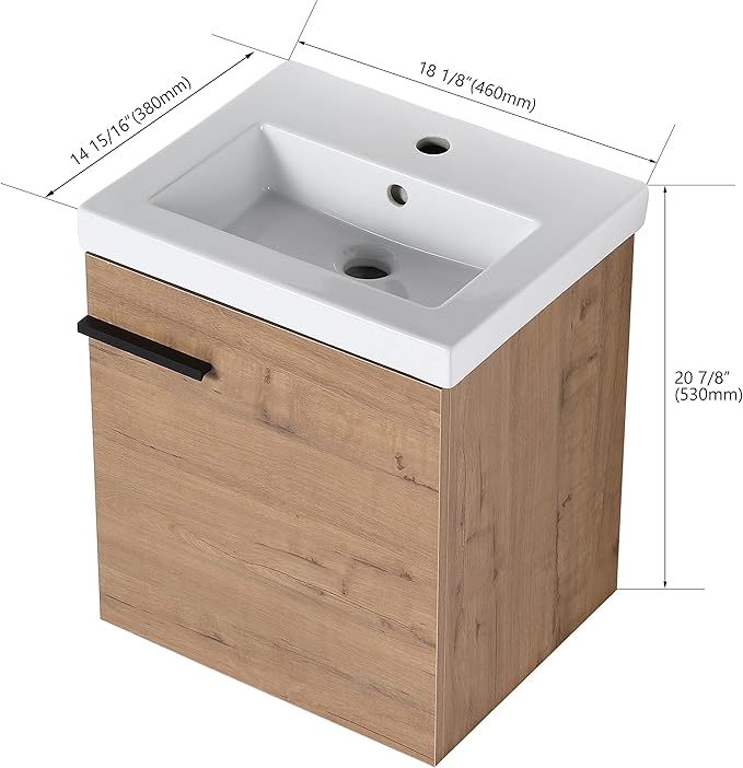 18 Inch Bathroom Vanity with Sink,Wall Mounted Bathroom Vanity Sink Combo with 1 Soft Close Door for Small Space,Modern Floating Bathroom Vanities with Top Basin&Brown Storage Cabinet