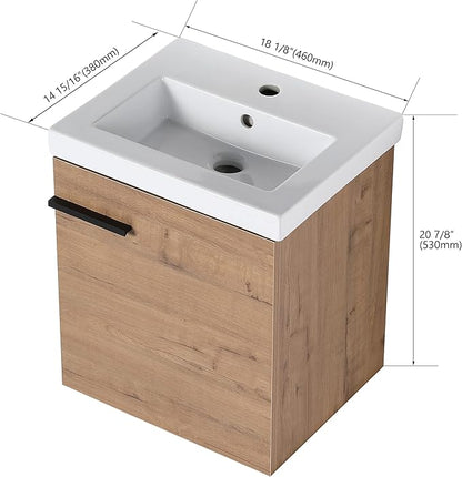 18 Inch Bathroom Vanity with Sink,Wall Mounted Bathroom Vanity Sink Combo with 1 Soft Close Door for Small Space,Modern Floating Bathroom Vanities with Top Basin&Brown Storage Cabinet