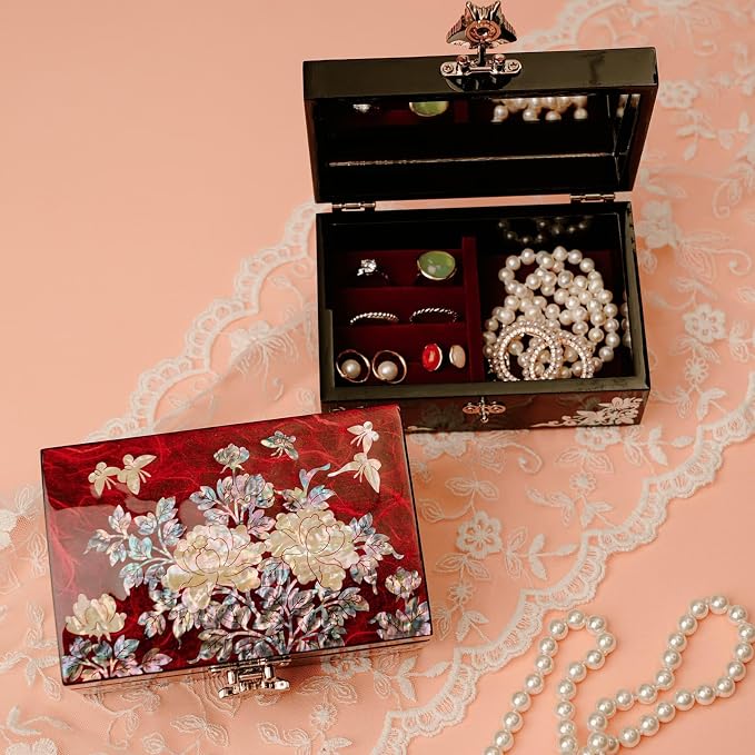 February Mountain Korean Mother of Pearl Jewelry Box – Red Floral Peony Design with Butterfly Clasp, Removable Velvet Tray – Christmas Gift for Women, Birthday, Anniversary, Keepsake Storage