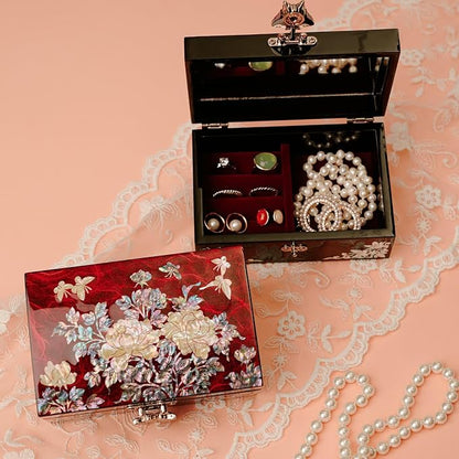 February Mountain Korean Mother of Pearl Jewelry Box – Red Floral Peony Design with Butterfly Clasp, Removable Velvet Tray – Christmas Gift for Women, Birthday, Anniversary, Keepsake Storage