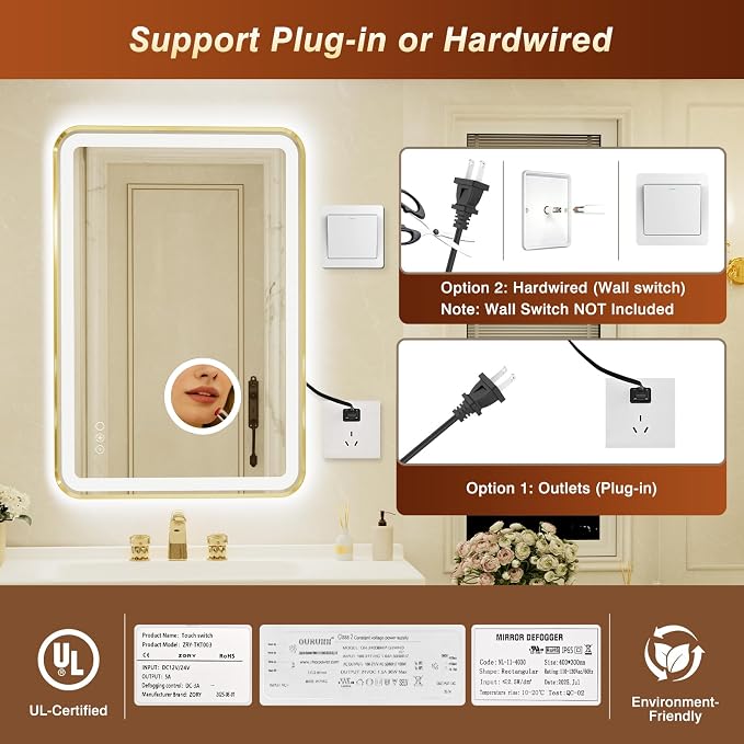 24x36 Inch Gold Framed LED Bathroom Mirror with Lights,Magnifying Tempered Glass,Dimmable Lighted Bathroom Vanity Mirror with 3 Colors, Backlit + Frontlit, Anti-Fog